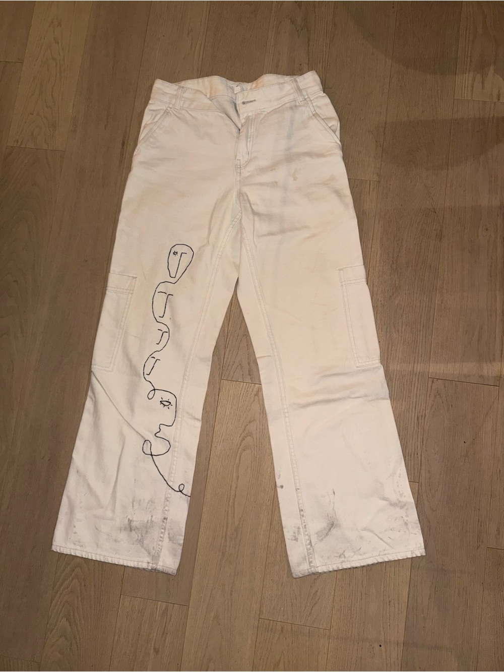 White Women's Straight-Leg Jeans with Abstract Line Art